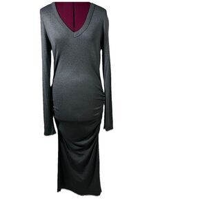 Michael Stars Nova Midi Dress Sz L Charcoal Ruched Bodycon Stretchy Feminine